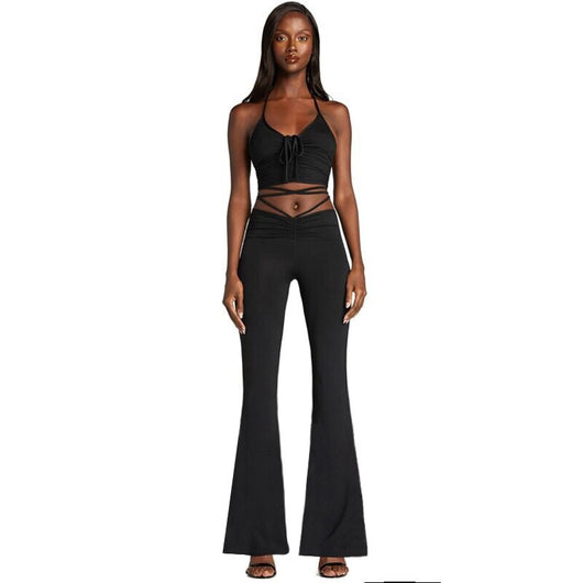 Drawstring Halter Top and High Waist Flare Pants