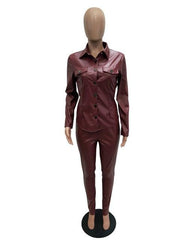 Load image into Gallery viewer, Long Sleeve Top and Pant Pu leather - vendach
