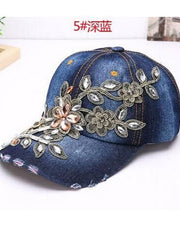 Load image into Gallery viewer, Women&#39;s Denim Baseball Cap Diamonds &amp; Embroidery w/ Flowers
