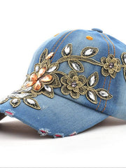 Load image into Gallery viewer, Women&#39;s Denim Baseball Cap Diamonds &amp; Embroidery w/ Flowers
