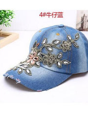 Load image into Gallery viewer, Women&#39;s Denim Baseball Cap Diamonds &amp; Embroidery w/ Flowers
