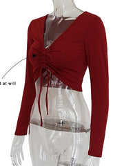 Load image into Gallery viewer, V Neck Long Sleeve  Ruched Lace Up Top
