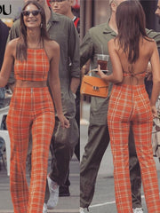 Load image into Gallery viewer, Plaid Sleeveless Crop Top and Pant Outfit
