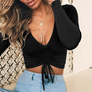 V Neck Long Sleeve  Ruched Lace Up Top