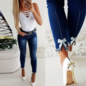 High Waist Jeans w/ Pearl Lace Stitching