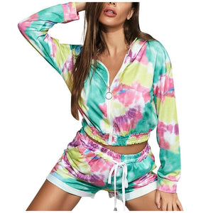 Two-Piece Tie Dye Zippered Hoodie and Short Set