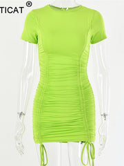 Load image into Gallery viewer, Articat White Ruched Pleated Bodycon Dress Women Drawstring Short Sleeve Mini Party Dress Solid Basic Skinny Casual Dress Short
