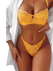 Load image into Gallery viewer, SEBOWEL Yellow/Black Sexy Bralette Women Floral Lace Lingerie Set Blossom Bra Top and Thong Female Bedtime Lenceria Underwear
