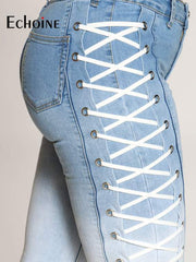 Load image into Gallery viewer, Women&#39;s Side Laced Up Stretchy Jeans
