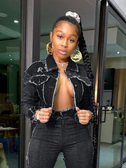 Load image into Gallery viewer, Long Sleeve Frayed Denim Jacket
