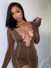 Load image into Gallery viewer, Lace Up Deep V Neck Bodycon Dress
