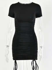 Load image into Gallery viewer, Articat White Ruched Pleated Bodycon Dress Women Drawstring Short Sleeve Mini Party Dress Solid Basic Skinny Casual Dress Short
