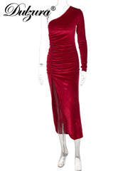 Load image into Gallery viewer, One-Off Shoulder Side Slit Velvet Dress
