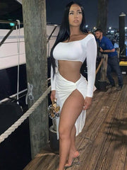 Load image into Gallery viewer, Long Sleeve Crop Top &amp; Hip Split Skirt Set
