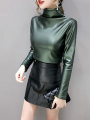 Load image into Gallery viewer, Long Sleeve  Shirts Turtleneck PU Leather  
