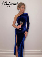 Load image into Gallery viewer, One-Off Shoulder Side Slit Velvet Dress

