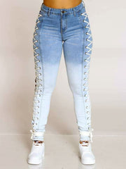 Load image into Gallery viewer, Women&#39;s Side Laced Up Stretchy Jeans
