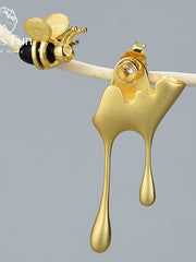 Load image into Gallery viewer,  Bee and Dripping Honey Asymmetric Sterling Silver Earrings Gold Plated
