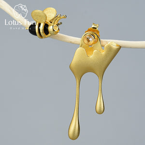  Bee and Dripping Honey Asymmetric Sterling Silver Earrings Gold Plated