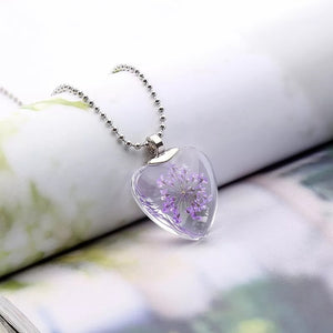  Natural Handmade Dried Flower Heart Shape Glass Pendant & Necklace 