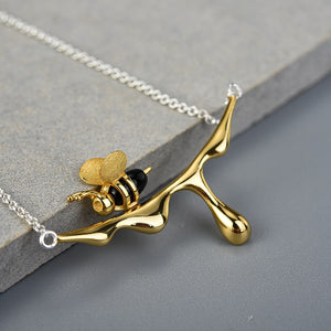 18K Gold Over 925 Sterling Silver Bee and Dripping Honey Pendant Necklace 