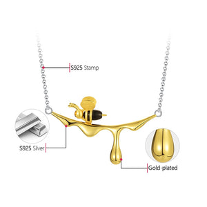 18K Gold Over 925 Sterling Silver Bee and Dripping Honey Pendant Necklace 