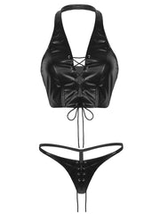 Load image into Gallery viewer, Faux Leather Lace Up Lingerie Set
