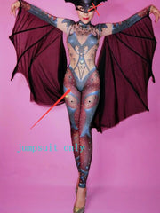 Load image into Gallery viewer, Halloween Lady Nightclub Role Playing Costume Novelty Printed Sparkly Crystal Jumpsuit Stretch Leotard Jumpsuits Cosplay Costume
