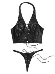 Load image into Gallery viewer, Faux Leather Lace Up Lingerie Set
