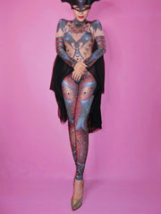 Load image into Gallery viewer, Halloween Lady Nightclub Role Playing Costume Novelty Printed Sparkly Crystal Jumpsuit Stretch Leotard Jumpsuits Cosplay Costume
