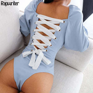 Long Sleeve Laced-up Back One-piece Bodysuit.