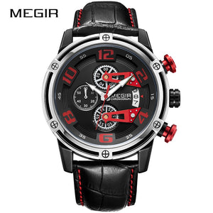 MEGIR Men's Genuine Leather Quartz Sports Watches Top Brand Luxury Military Stop Watch Waterproof Wrist Watch Relogio Masculino