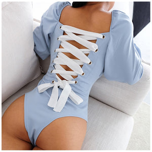 Long Sleeve Laced-up Back One-piece Bodysuit.