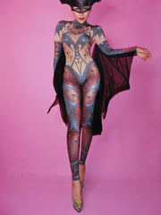 Load image into Gallery viewer, Halloween Lady Nightclub Role Playing Costume Novelty Printed Sparkly Crystal Jumpsuit Stretch Leotard Jumpsuits Cosplay Costume
