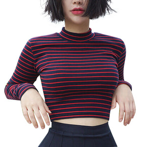 Classic Stripe Turtleneck Crop Top (Red One Size)