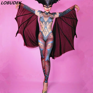 Halloween Lady Nightclub Role Playing Costume Novelty Printed Sparkly Crystal Jumpsuit Stretch Leotard Jumpsuits Cosplay Costume