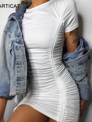 Load image into Gallery viewer, Articat White Ruched Pleated Bodycon Dress Women Drawstring Short Sleeve Mini Party Dress Solid Basic Skinny Casual Dress Short
