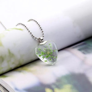  Natural Handmade Dried Flower Heart Shape Glass Pendant & Necklace 