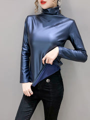 Load image into Gallery viewer, Long Sleeve  Shirts Turtleneck PU Leather  
