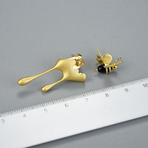  Bee and Dripping Honey Asymmetric Sterling Silver Earrings Gold Plated