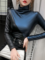 Load image into Gallery viewer, Long Sleeve  Shirts Turtleneck PU Leather  
