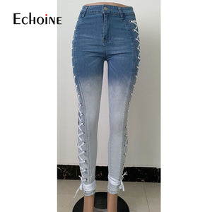 Women's Side Laced Up Stretchy Jeans