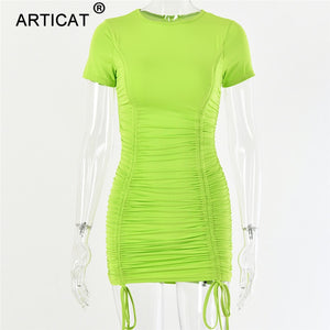 Articat White Ruched Pleated Bodycon Dress Women Drawstring Short Sleeve Mini Party Dress Solid Basic Skinny Casual Dress Short