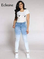 Load image into Gallery viewer, Women&#39;s Side Laced Up Stretchy Jeans

