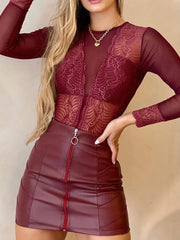 Load image into Gallery viewer, Long Sleeve Lace Bodysuit &amp; PU Leather Skirt Set 
