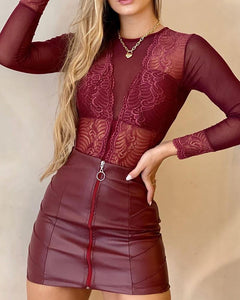 Long Sleeve Lace Bodysuit & PU Leather Skirt Set 