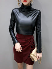 Load image into Gallery viewer, Long Sleeve  Shirts Turtleneck PU Leather  
