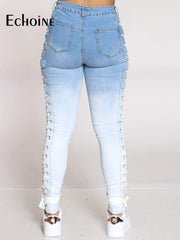 Load image into Gallery viewer, Women&#39;s Side Laced Up Stretchy Jeans
