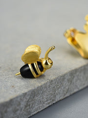 Load image into Gallery viewer,  Bee and Dripping Honey Asymmetric Sterling Silver Earrings Gold Plated

