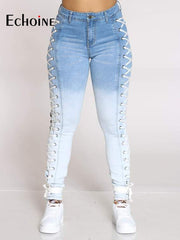 Load image into Gallery viewer, Women&#39;s Side Laced Up Stretchy Jeans
